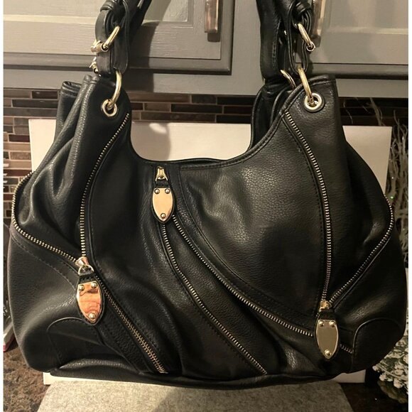 Just Fab Black Purse with Decorative Zippers, Brooklyn Bridge Purse 16" x 10"  L - Picture 3 of 11